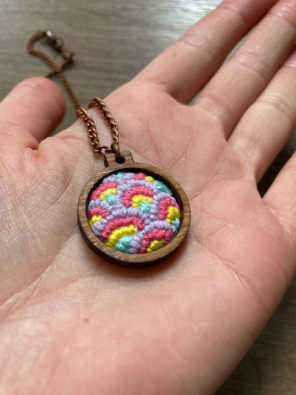 Mini Rainbow Hoop Pendant | Original Wearable Fiber Art Necklace